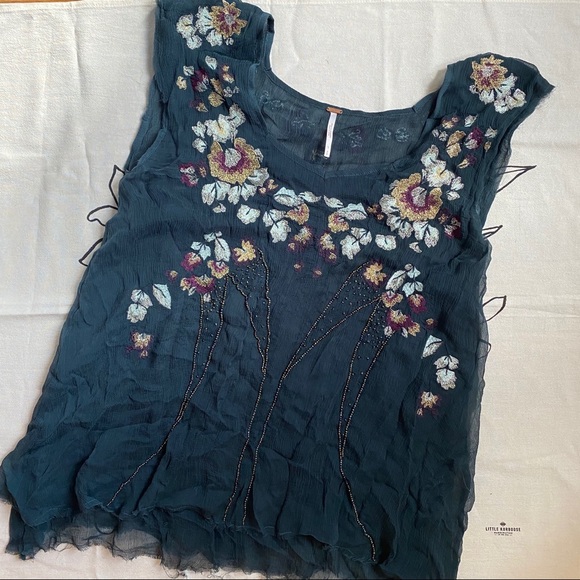 Free People Tops - Free People Embroidered Beaded Dark Green Tank Top